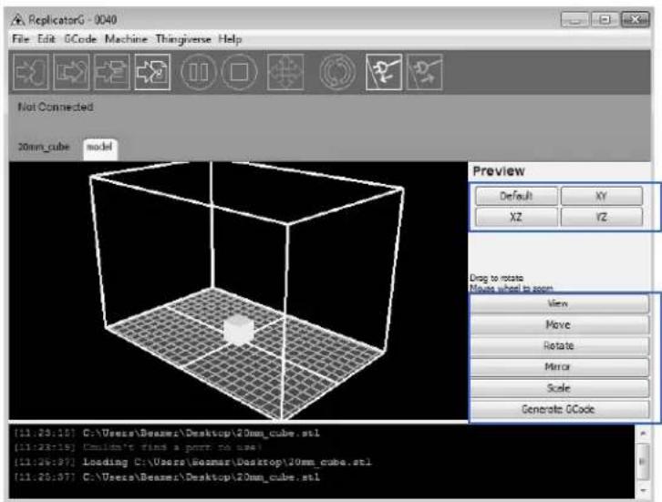 ReplicatorG - 0040 File Edit OCode Machine Thingiverse Help Not Connected 20mm_cube model Preview Default XY XZ YZ Drag to rotate Moves wheel to zoom View Move Rotate Mirror Scale Generate OCode [11:20,10] C:\Users\Beaser\Desktop\20mm_cube.stl [11:22,15] Couldn't find a port to use [11:26,97] Loading C:\Users\Beaser\Desktop\20mm_cube.stl [11:20,07] C:\Users\Beaser\Desktop\20mm_cube.stl
