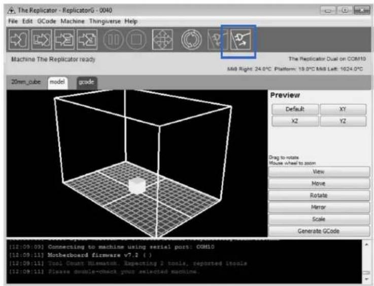 The Replicator - ReplicatorG - 0040 File Edit GCode Machine Thingiverse Help Machine The Replicator ready The Replicator Dual on COM10 M68 Right: 24.0°C Platform: 15.0°C M68 Left: 1024.0°C 20mm_cube model code Preview Default XY XZ YZ Drag to rotate Mouse wheel to zoom View Move Rotate Mirror Scale Generate GCode [12:09:09] Connecting to machine using serial port: COM10 [12:09:11] Motherboard firmware v7.2 ( ) [12:09:11] Tool Count Hissmatic. Repeating 2 tools, reported 1 tools [12:09:11] Please double-check your selected machine.