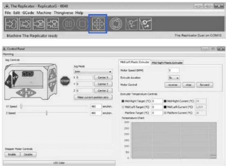 The Replicator - ReplicatorG - 0040 File Edit GCode Machine Thingiverse Help Machine The Replicator ready The Replicator Dual on COM10 Control Panel Homing Jog Controls X7 Speed 480 mm/min. Z Speed 480 mm/min. Stopper Motor Controls Enable Cancel LED Color Jog Mode 3mm Y 0 Y 0 Z 0 Center 3 Center 7 Center 2 Make current position zero M68 Left Plastic Extruder M68 Right Plastic Extruder Motor Speed (RPM) 3 Extrude duration Sx Motor Control reverse stop Forward Extruder Temperature Controls M68 Right Target (°C) 0 M68 Right Current (°C) 24 M68 Left Target (°C) 0 M68 Left Current (°C) L224 Platform Target (°C) 0 Platform Current (°C) 16 Temperature Chart
