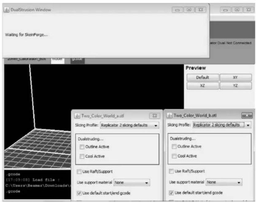 DualStrusion Window Waiting for SkeinForge... Preview Default XY XZ YZ Two_Color_World_a.stl Slicing Profile: Replicator 2 slicing defaults Dualstruding... Outline Active Cool Active Use Raft/Support Use support material None Use default start/end gcode Two_Color_World_b.stl Slicing Profile: Replicator 2 slicing defaults Dualstruding... Outline Active Cool Active Use Raft/Support Use support material None Use default start/end gcode