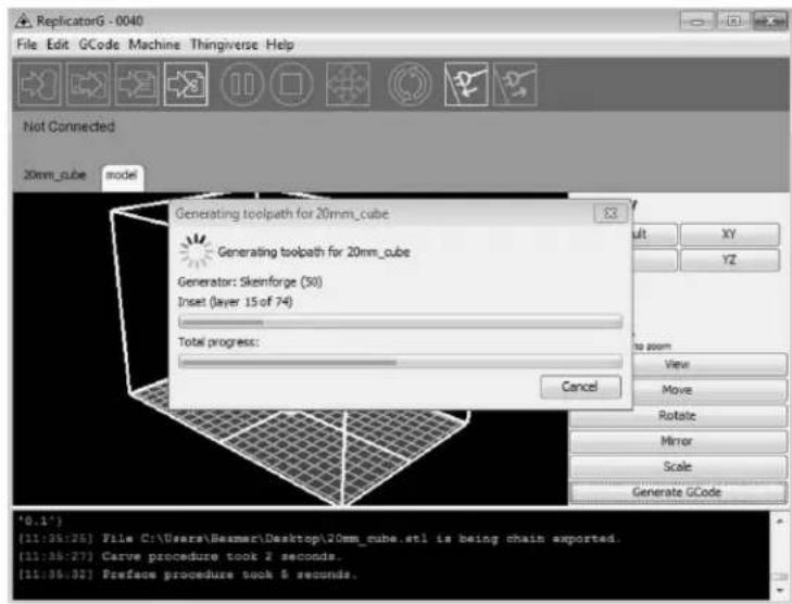 ReplicatorG -0040 File Edit GCode Machine Thingiverse Help Not Connected 20mm_cube model Generating toolpath for 20mm_cube Generating toolpath for 20mm_cube Generator: Skeinforge (50) Inset (layer 15 of 74) Total progress: Cancel XY YZ to zoom View Move Rotate Mirror Scale Generate GCode *0.1* (11:36:25) File C:\Users\Beamer\Desktop\20mm_cube.stl is being chain exported. (11:36:27) Curve procedure took 2 seconds. (11:05:00) Preface procedure took 5 seconds.