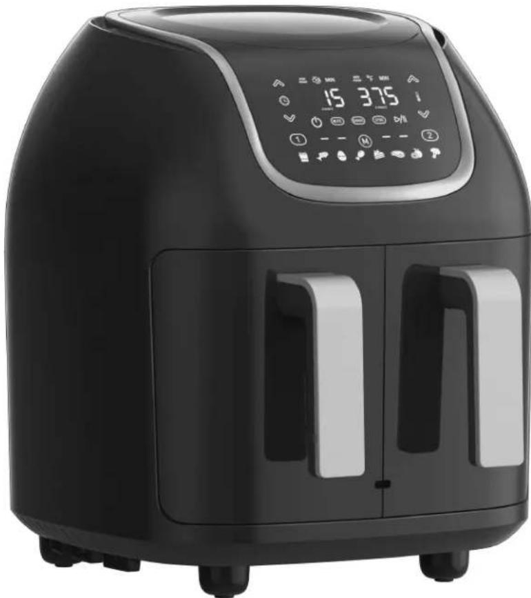 Black electric air fryer with digital display and control buttons (no visible text or symbols)
