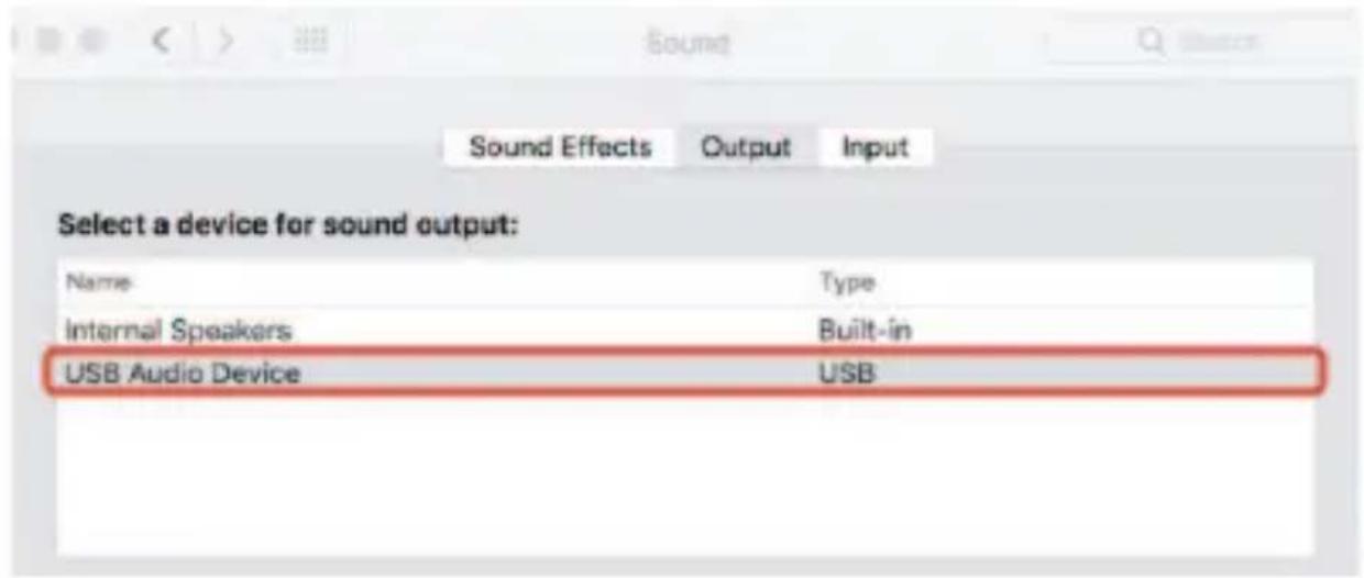 Sound Effects Output Input Select a device for sound output: Name Type Internal Speakers Built-in USB Audio Device USB