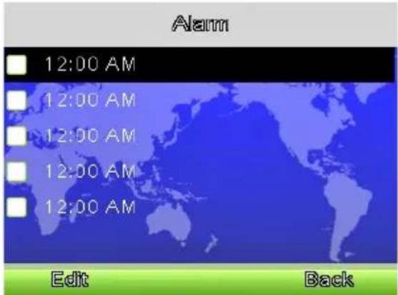 Alarm 12:00 AM 12:00 AM 12:00 AM 12:00 AM 12:00 AM Edit Back