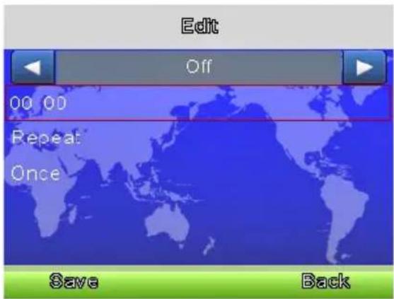 Edit Off 00 00 Repeat Once Save Back