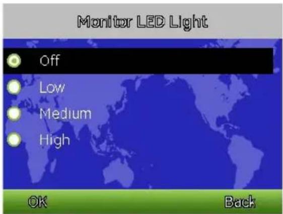 Monitor LED Light Off Low Medium High OK Back