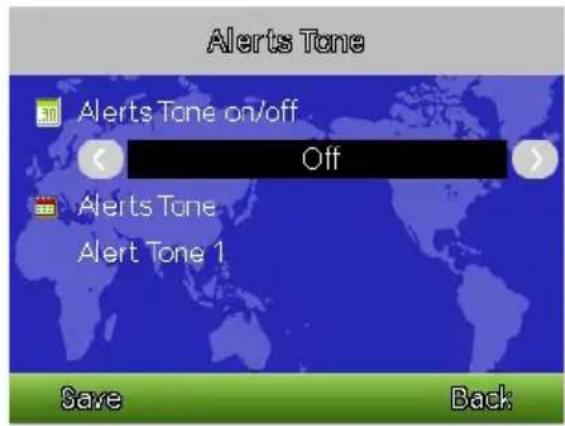 Alerts Tone Alerts Tone on/off Off Alerts Tone Alert Tone 1 Save Back