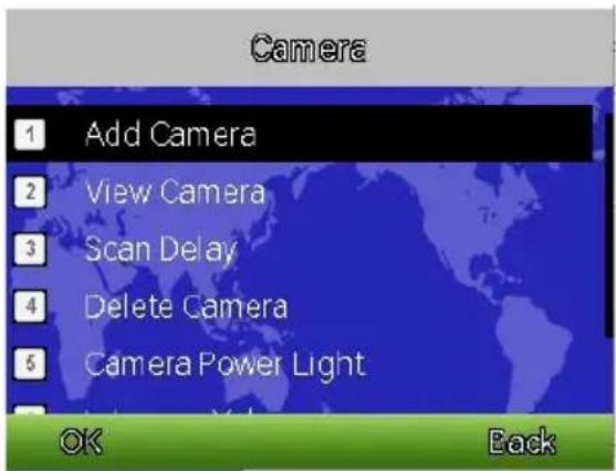 Camera 1 Add Camera 2 View Camera 3 Scan Delay 4 Delete Camera 5 Camera Power Light OK Back