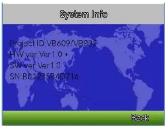 System Info Project ID: VB609/VB802 HW ver: Ver1.0 + SW ver: Ver1.0 SN: B01235B4D216 Back