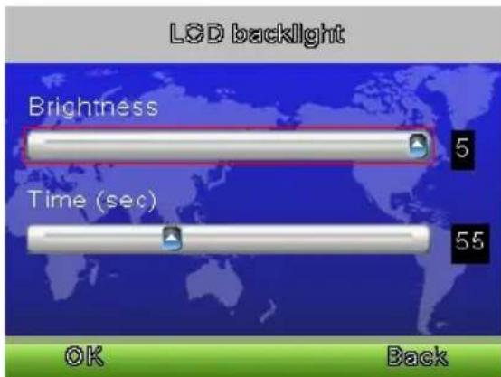 LCD backlight Brightness 5 Time (sec) 55 OK Back