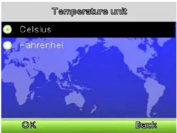 Temperature unit Celsius Fahrenheit OK Back