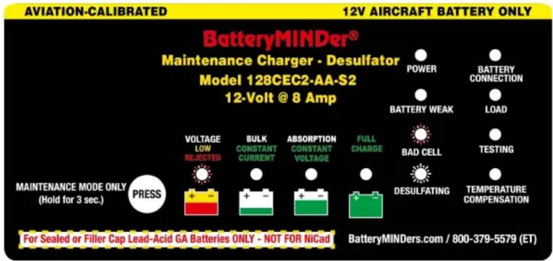 AVIATION-CALIBRATED 12V AIRCRAFT BATTERY ONLY BatteryMINDer® Maintenance Charger - Desulfator Model 128CEC2-AA-S2 12-Volt @ 8 Amp POWER BATTERY CONNECTION BATTERY WEAK LOAD BAD CELL TESTING DESULFATING TEMPERATURE COMPENSATION VOLTAGE LOW REJECTED BULK CONSTANT CURRENT ABSORPTION CONSTANT VOLTAGE FULL CHARGE MAINTENANCE MODE ONLY (Hold for 3 sec.) PRESS For Sealed or Filler Cap Lead-Acid GA Batteries ONLY - NOT FOR NiCad BatteryMINDers.com / 800-379-5579 (ET)