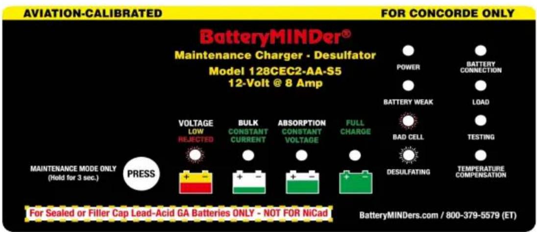 AVIATION-CALIBRATED BatteryMINDer® Maintenance Charger - Desulfator Model 128CEC2-AA-S5 12-Volt @ 8 Amp FOR CONCORDE ONLY POWER BATTERY CONNECTION BATTERY WEAK LOAD BAD CELL TESTING DESULFATING TEMPERATURE COMPENSATION VOLTAGE LOW REJECTED BULK CONSTANT CURRENT ABSORPTION CONSTANT VOLTAGE FULL CHARGE MAINTENANCE MODE ONLY (Hold for 3 sec.) PRESS For Sealed or Filler Cap Lead-Acid GA Batteries ONLY - NOT FOR NiCad BatteryMINDers.com / 800-379-5579 (ET)