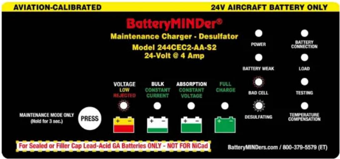 AVIATION-CALIBRATED 24V AIRCRAFT BATTERY ONLY BatteryMINDer® Maintenance Charger - Desulfator Model 244CEC2-AA-S2 24-Volt @ 4 Amp POWER BATTERY CONNECTION BATTERY WEAK LOAD BAD CELL TESTING FULL CHARGE DESULFATING TEMPERATURE COMPENSATION VOLTAGE LOW REJECTED BULK CONSTANT CURRENT ABSORPTION CONSTANT VOLTAGE MAINTENANCE MODE ONLY (Hold for 3 sec.) PRESS For Sealed or Filler Cap Lead-Acid GA Batteries ONLY - NOT FOR NiCad BatteryMINDers.com / 800-379-5579 (ET)