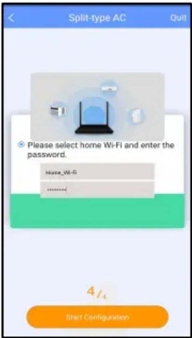 Split-type AC Quit Please select home Wi-Fi and enter the password. Home_Wi-R 4/4 Staff Configuration