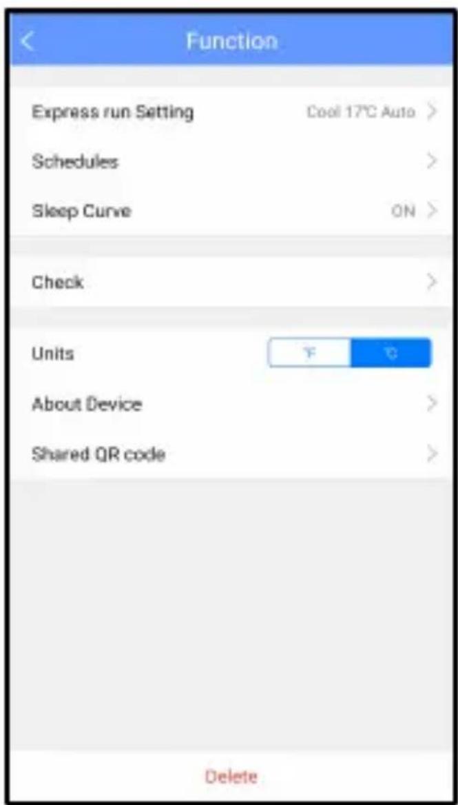 Function Express run Setting Cool 17°C Auto > Schedules > Sleep Curve ON > Check > Units 下 口 About Device > Shared QR code > Delete