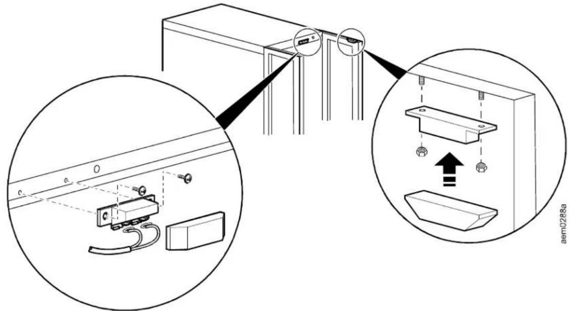 Technical diagram showing installation of a wall-mounted device with close-up insets highlighting components like sensors and wiring.