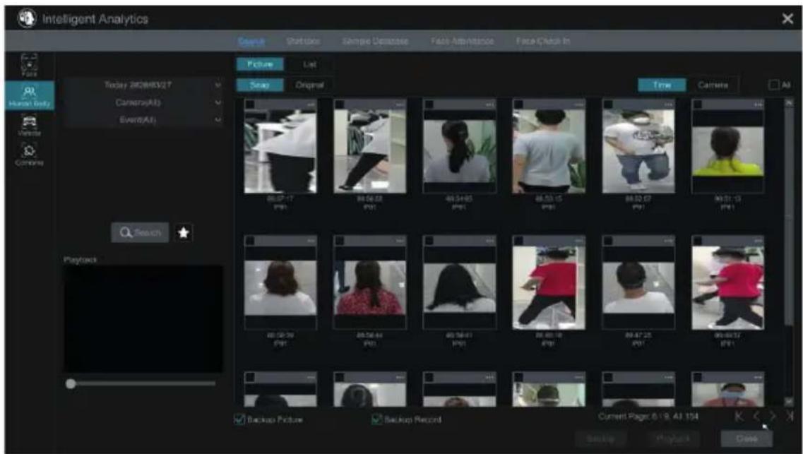 Intelligent Analytics Search Snapshot Simple Detection Face Avoidance Face Check In Picture List Today 26/08/12/7 Camera(Alt) Event(Alt) Snap Original Time Camera All Sketch Playback Backup Picture Backup Record Current Page: 6.19, Alt 154 Samoa Playback Close