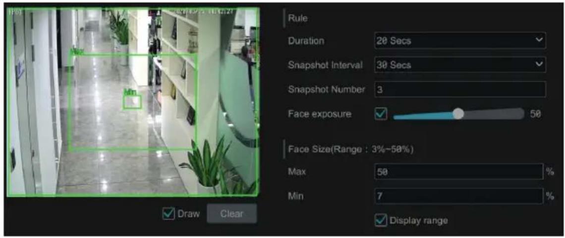 Rule Duration 20 Secs Snapshot Interval 30 Secs Snapshot Number 3 Face exposure 50 Face Size(Range: 3%-50%) Max 50 % Min 7 % Display range Draw Clear