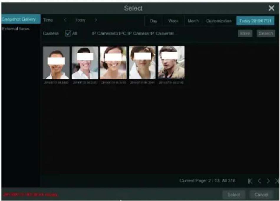 Select Snapshot Gallery Time Today Day Week Month Customization Today 26198731 External faces Camera All IP Camera83:IPC:IP Camera:IP Camera8... More Search Current Page: 2 / 13, All 318 Select Cancel
