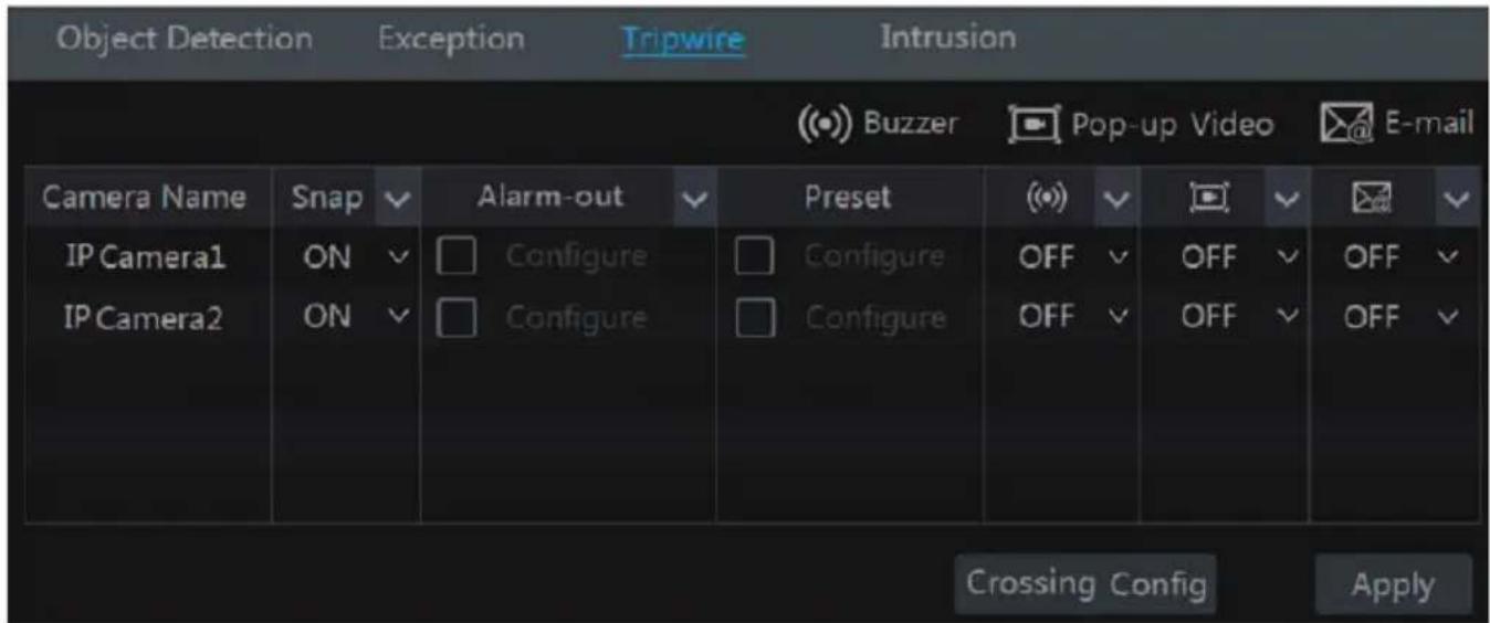Object Detection Exception Tripwire Intrusion (Buzer) Pop-up Video E-mail Camera Name Snap Alarm-out Preset (O) (V) (G) (V) (H) IP Camera1 ON Configure Configure OFF OFF OFF IP Camera2 ON Configure Configure OFF OFF OFF Crossing Config Apply