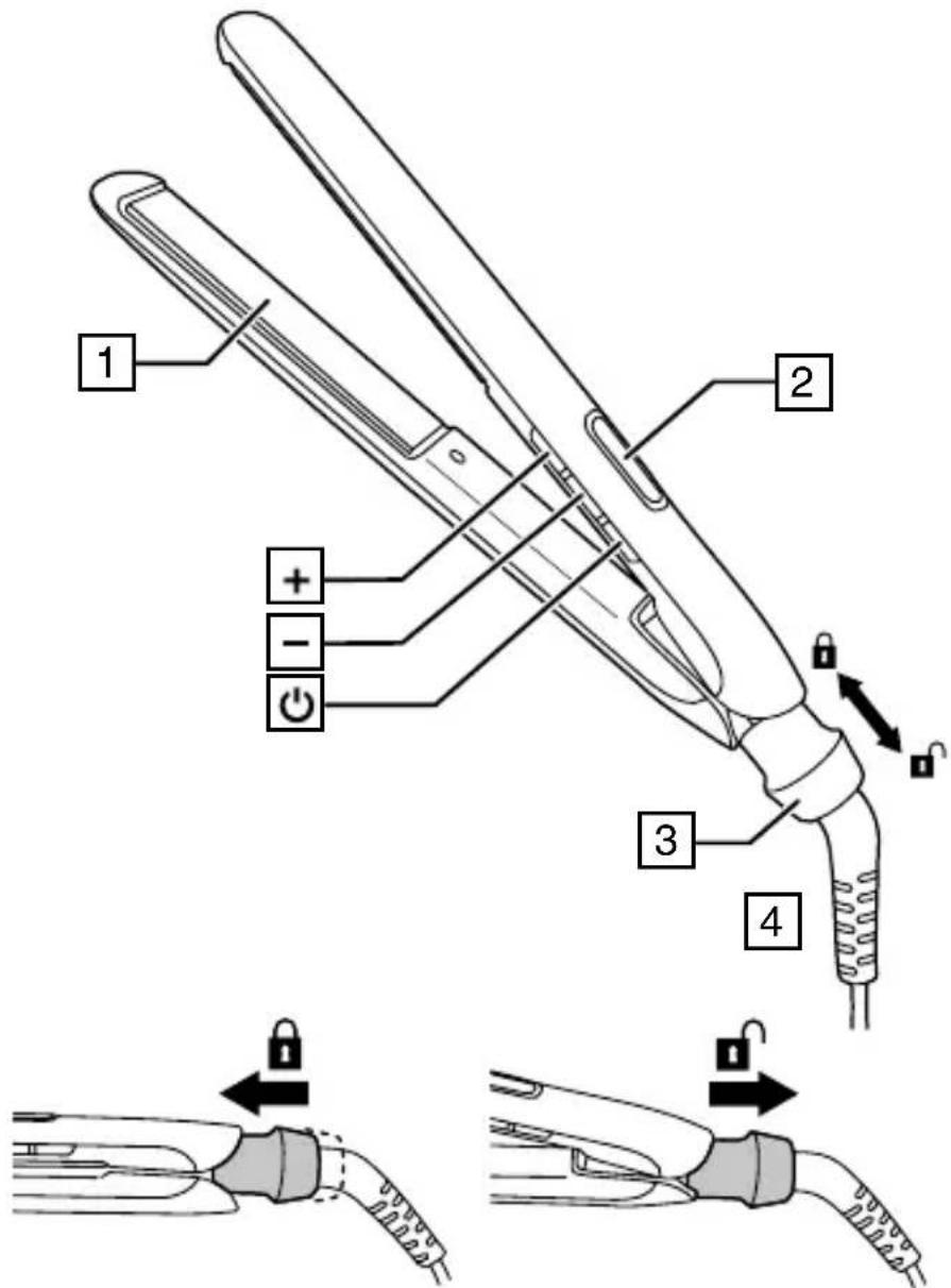 Technical diagram of a hair iron with labeled parts and lock indicators for assembly or repair instructions