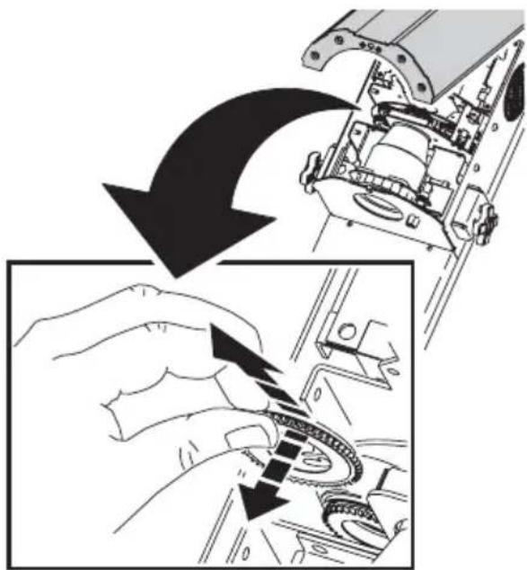 Diagram showing mechanical assembly with a hand pressing a gear component, no text or symbols present
