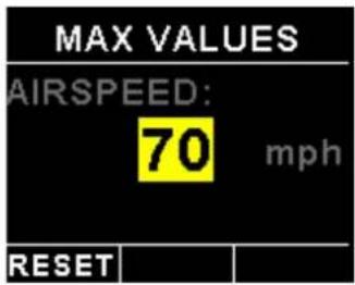 MAX VALUES AIRSPEED: 70 mph RESET