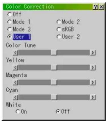 Color Correction ○ Off ○ Mode 1 ○ Mode 2 ○ Mode 3 ○ sRGB ● User 1 ○ User 2 Color Tune Yellow Magenta Cyan White ○ On ○ Off