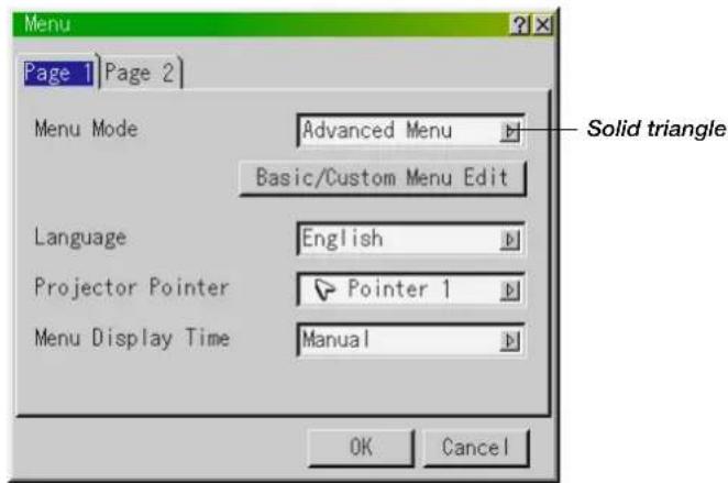 Menu Page 1 | Page 2 | Menu Mode Advanced Menu Basic/Custom Menu Edit Language English Projector Pointer Pointer 1 Menu Display Time Manual Solid triangle OK Cancel
