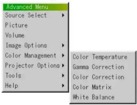 Advanced Menu Source Select Picture Volume Image Options Color Management Projector Options Tools Help Color Temperature Gamma Correction Color Correction Color Matrix White Balance