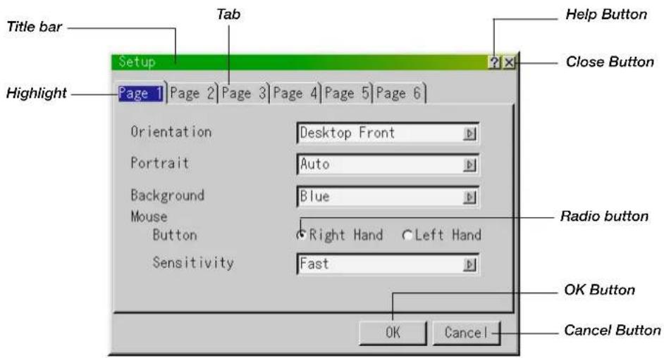 Title bar Tab Help Button Close Button Highlight Page 1 Page 2 Page 3 Page 4 Page 5 Page 6 Orientation Desktop Front Portrait Auto Background Blue Mouse Right Hand Left Hand Button Sensitivity Fast Radio button OK Button Cancel Button OK Cancel