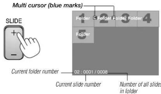 Multi cursor (blue marks) SLIDE 1 Folder Folder Folder 4 Folder 5 Current folder number 02 : 0001 / 0008 Current slide number Number of all slides in folder