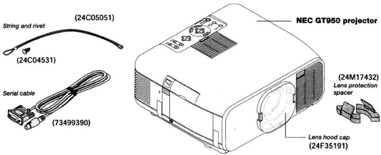 String and rivet (24C05051) (24C04531) Serial cable (73499390) NEC GT950 projector (24M17432) Lens protection spacer Lens hood cap (24F35191)