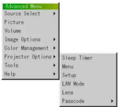 Advanced Menu Source Select Picture Volume Image Options Color Management Projector Options Tools Help Sleep Timer Menu Setup LAN Mode Lens Passcode