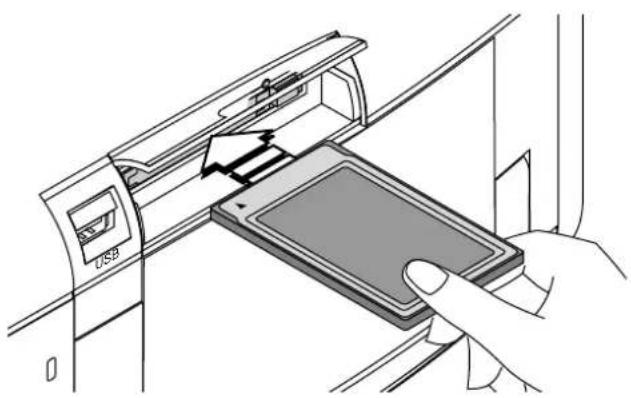 Diagram showing a hand inserting a device into a device with USB label, illustrating the process of inserting or downloading.