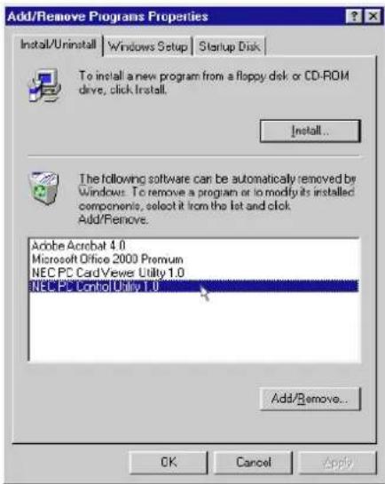 Add/Remove Programs Properties Install/Uninstall Windows Setup Startup Disk To install a new program from a floppy disk or CD-ROM devs, click Install. Install.. The following software can be automatically removed by Windows. To remove a program or to modify its installed components, select it from the list and click. Add/Remove. Adobe Acrobat 4.0 Microsoft Office 2000 Premium NEC PC Card Viewer Utility 1.0 NEC PC Control Utility 1.0 Add/Remove.. OK Cancel Apply