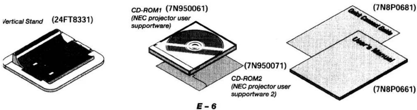 Vertical Stand (24FT8331) CD-ROM1 (7N950061) (NEC projector user supportware) CD-ROM2 (NEC projector user supportware 2) E - 6 (7N8P0681) User's Manual (7N8P0661)