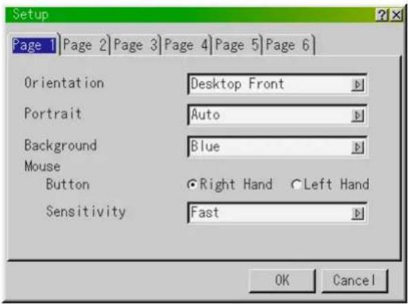 Setup Page 1 | Page 2 | Page 3 | Page 4 | Page 5 | Page 6 | Orientation Desktop Front Portrait Auto Background Blue Mouse Button Right Hand Left Hand Sensitivity Fast OK Cancel