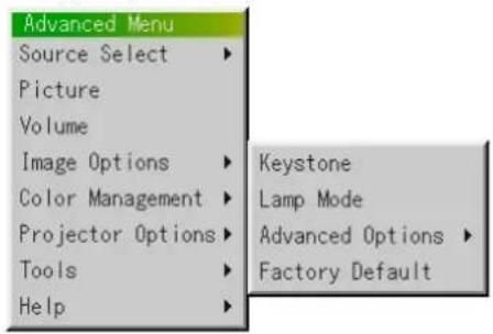 Advanced Menu Source Select Picture Volume Image Options Color Management Projector Options Tools Help Keystone Lamp Mode Advanced Options Factory Default