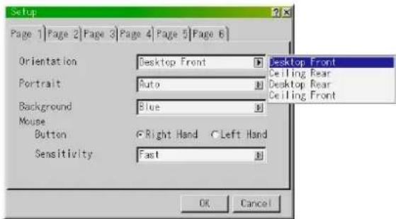 Setup Page 1 | Page 2 | Page 3 | Page 4 | Page 5 | Page 6 | Orientation Desktop Front Desktop Front Portrait Auto Ceiling Rear Background Blue Ceiling Rear Mouse Button Right Hand Left Hand Sensitivity Fast OK Cancel