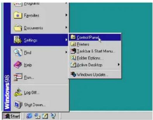 Windows98 Start Favolites Documents Settings Find Help Fun... Log Off... Shut Down... Control Panel Printers Taskbar & Start Menu... Folder Options... Active Desktop Windows Update...