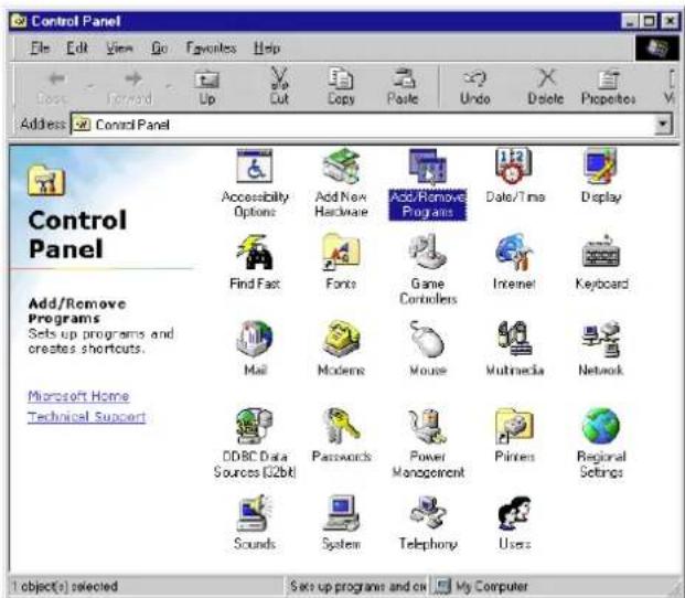 Control Panel Add/Remove Programs Sets up programs and creates shortcuts. Microsoft Home Technical Support 1 object(s) selected Sets up programs and on My Computer