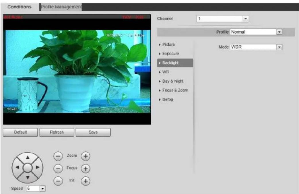 Conditions Profile Management Profile Normal ▶ Picture ▶ Exposure ▶ Backlight ▶ WB ▶ Day & Night ▶ Focus & Zoom ▶ Defog Default Refresh Save Zoom + Focus + Iris + Speed 5