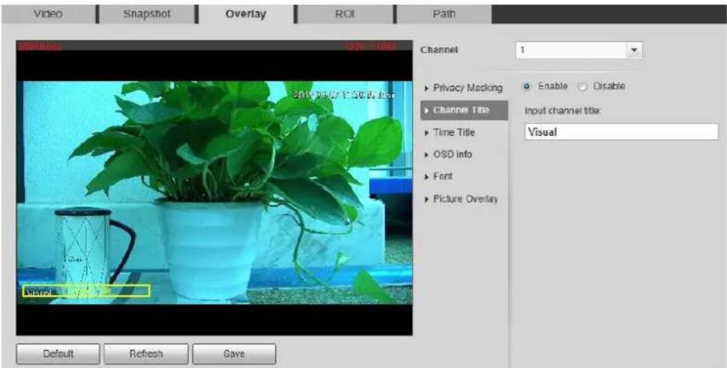 Video Snapshot Overlay ROI Path 05V/8000 1200 - 1800 Channel 1 Privacy Masking Enable Disable Channel Title Input channel title: Visual Time Title OSD info Font Picture Overlay Default Refresh Save