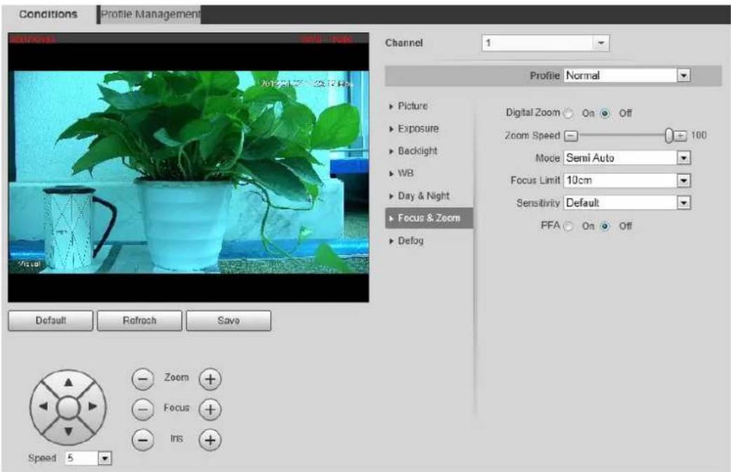 Conditions Profile Management CHANNEL 1 Profile Normal ► Picture ► Exposure ► Backlight ► WB ► Day & Night ► Focus & Zoom ► Defog Digital Zoom On Off Zoom Speed 100 Mode Semi Auto Focus Limit 10cm Sensitivity Default FFA On Off Default Refresh Save Zoom + Focus + Ins + Speed 5