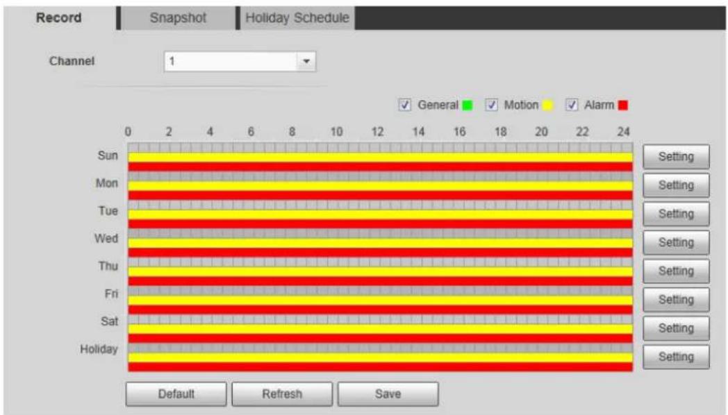 Record Snapshot Holiday Schedule Channel 1 Sun Mon Tue Wed Thu Fri Sat Holiday General Motion Alarm Setting Setting Setting Setting Setting Setting Setting Setting Default Refresh Save