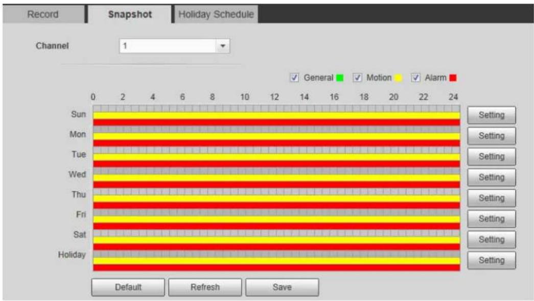 Record Snapshot Holiday Schedule Channel 1 Sun Mon Tue Wed Thu Fri Sat Holiday ✓ General ✓ Motion ✓ Alarm Setting Setting Setting Setting Setting Setting Setting Setting Default Refresh Save
