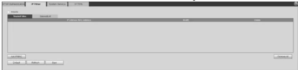 HTTP Authentication IP Filter System Service HTTPS P3234 Installed Site Download.Int IP address NetC address Height Delete Add IP地址 Default Refresh Save Remove All