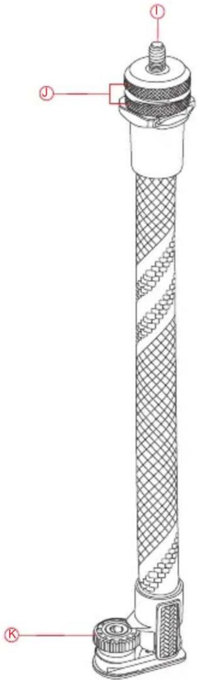 Technical diagram of a mechanical device with labeled parts I, J, and K